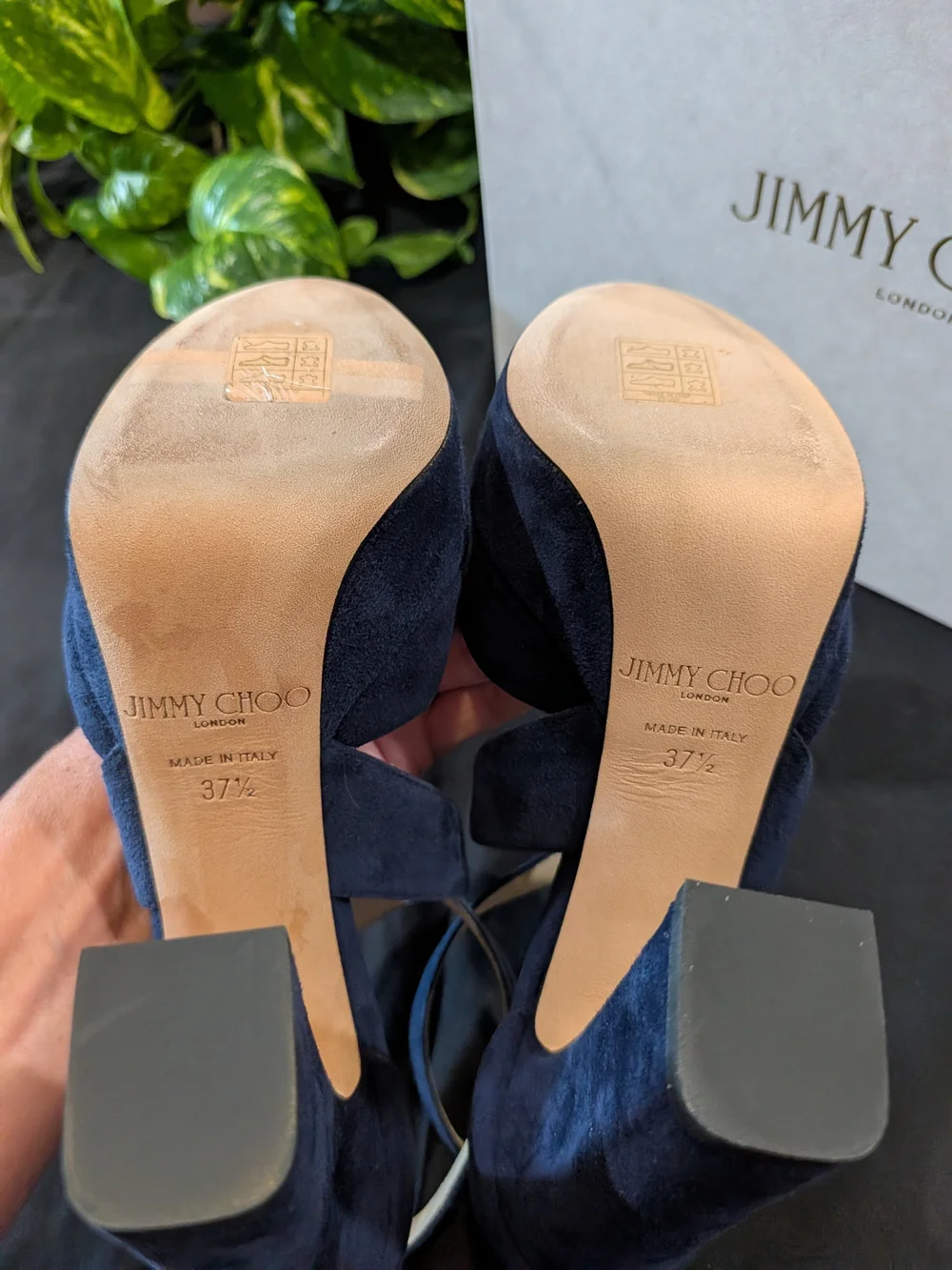 Jimmy Choo April 120 Women's Navy Suede Crisscross Platform High Block Heel
